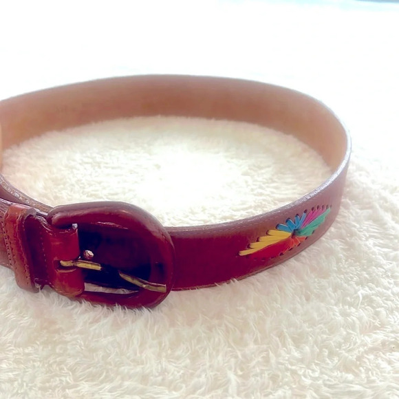 Vintage Accessories - Vintage Women’s Brown Leather Belt Sz L Made USA Hankton 337 Colorful Starbursts